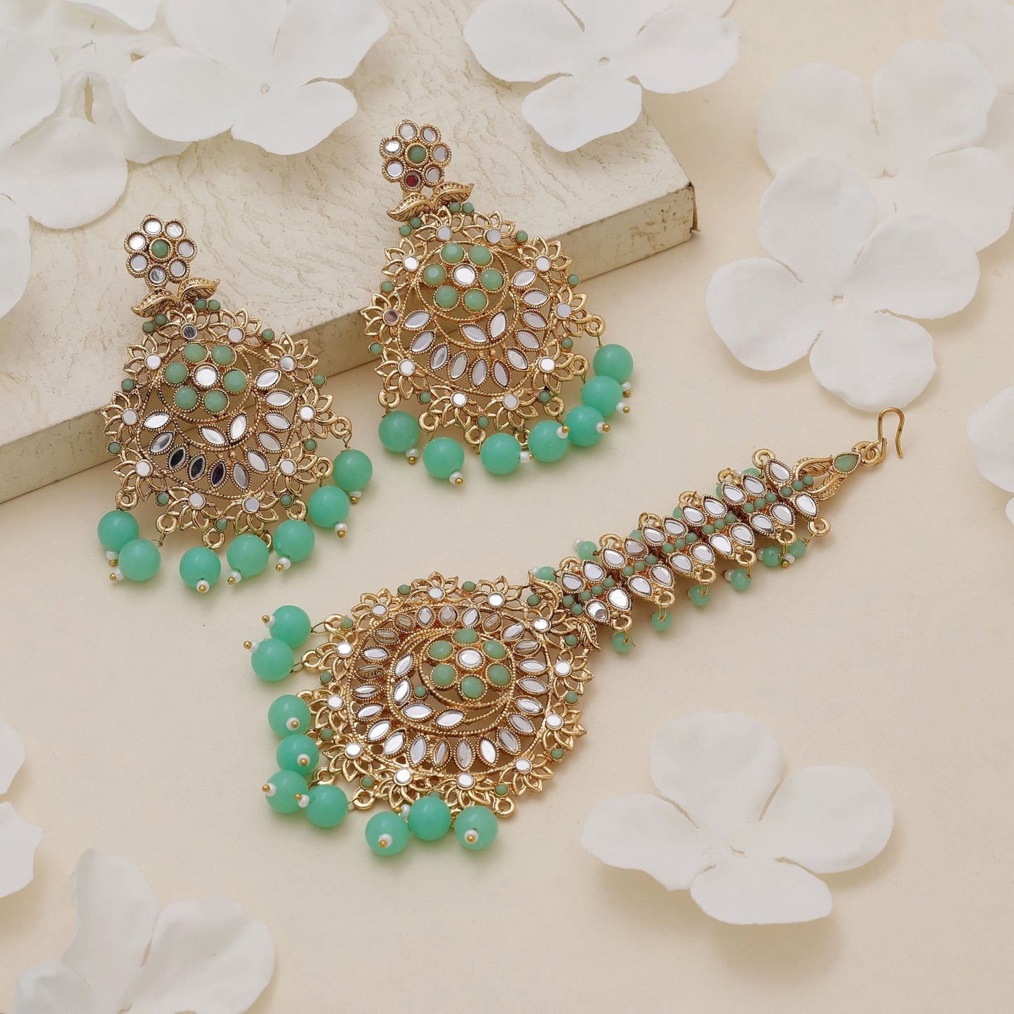 Parrot Green Color Kundan Earrings Tikka Set With Vibrant Ethnic Kundan Earrings