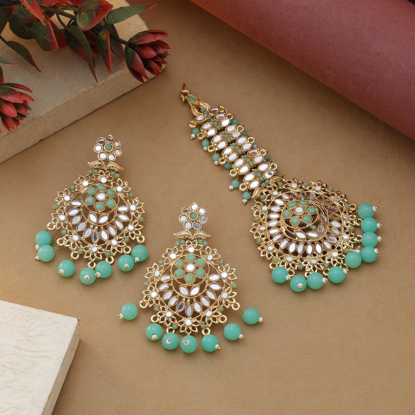 Parrot Green Color Kundan Earrings Tikka Set With Vibrant Ethnic Kundan Earrings