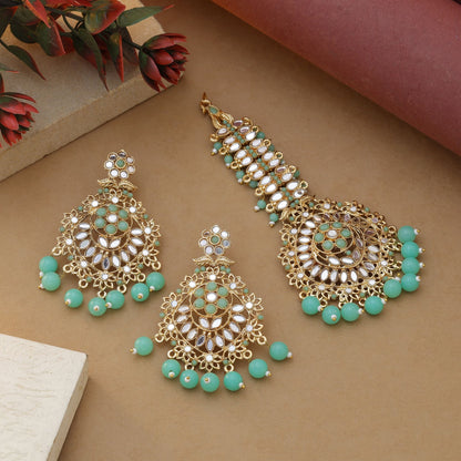 Parrot Green Color Kundan Earrings Tikka Set With Vibrant Ethnic Kundan Earrings