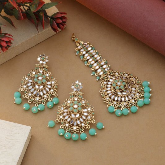 Parrot Green Color Kundan Earrings Tikka Set With Vibrant Ethnic Kundan Earrings