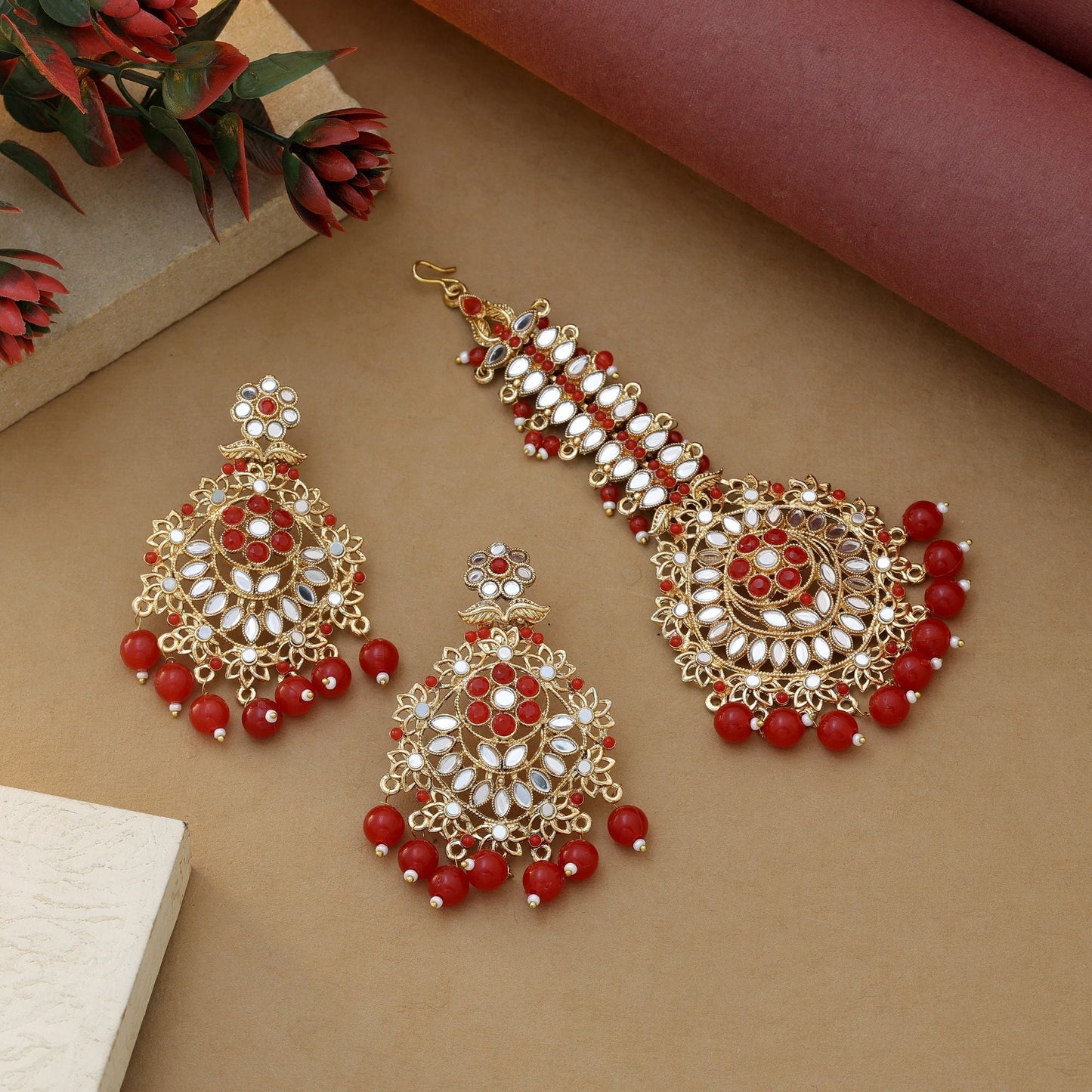 Red Color Kundan Earrings Tikka Set Featuring Bold Festive Kundan Earrings
