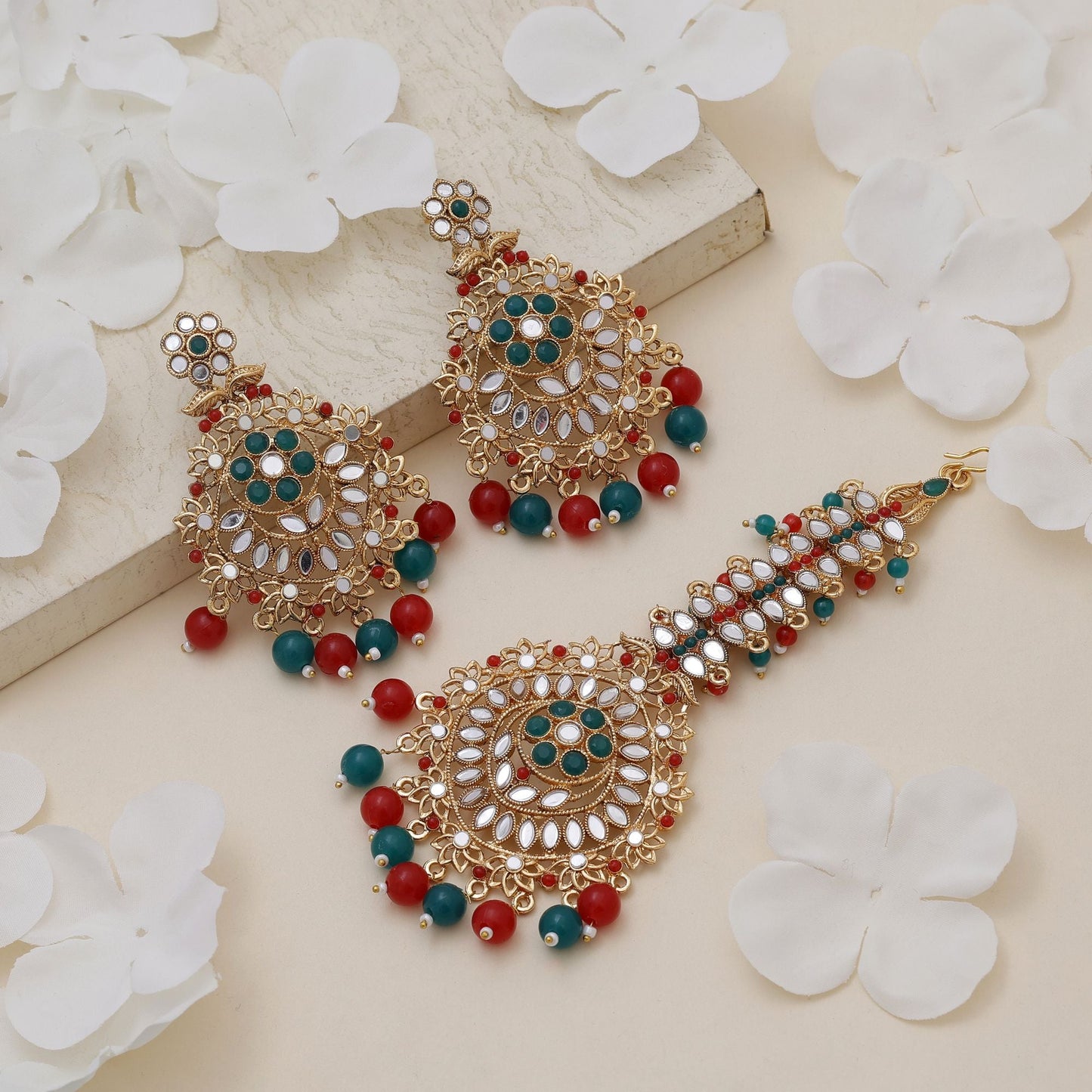 Red & Green Color Kundan Earrings Tikka Set With Wedding Ready Kundan Earrings