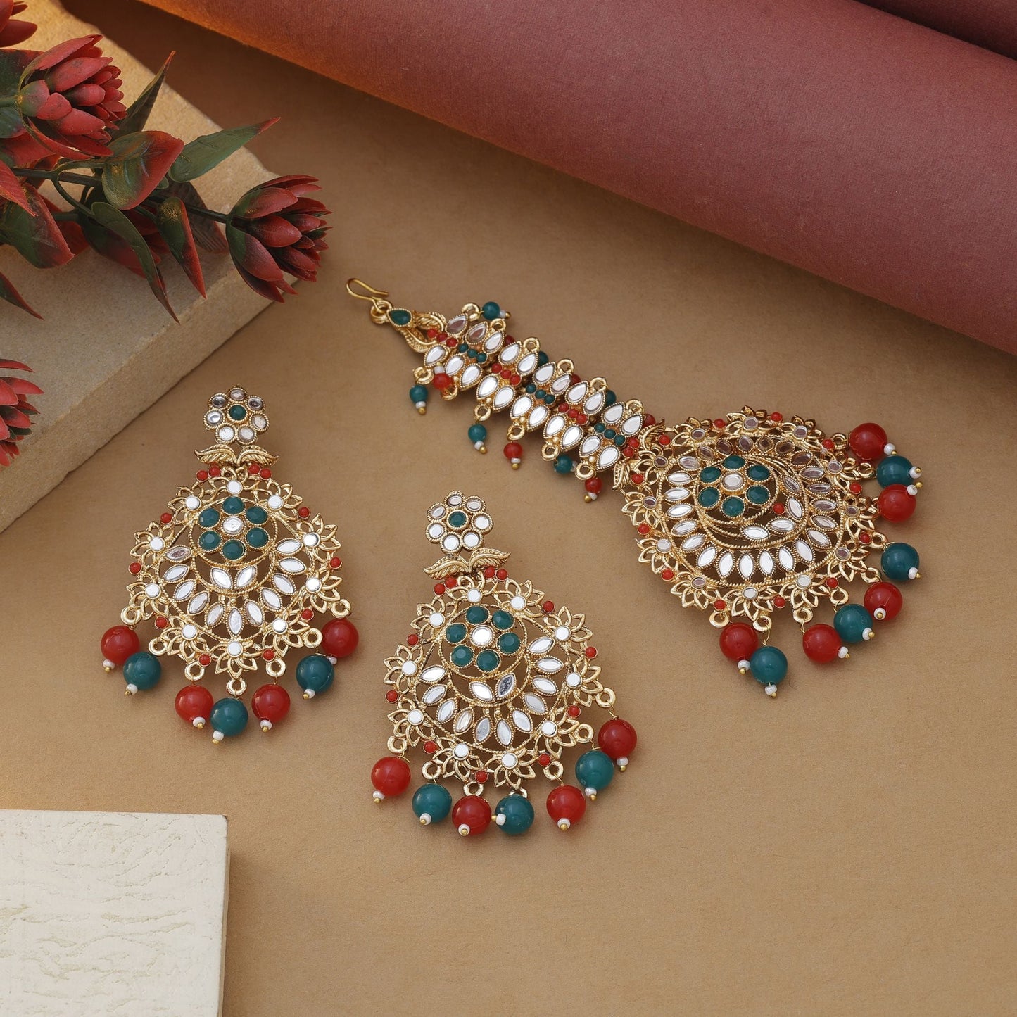 Red & Green Color Kundan Earrings Tikka Set With Wedding Ready Kundan Earrings