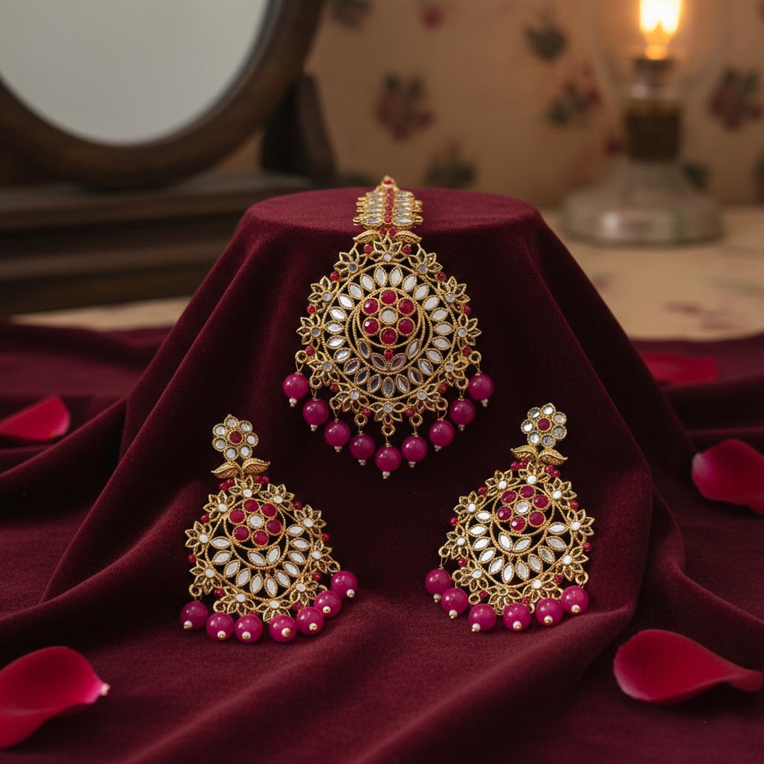Rani Color Kundan Earrings Tikka Set Crafted For Royal Bridal Kundan Earrings