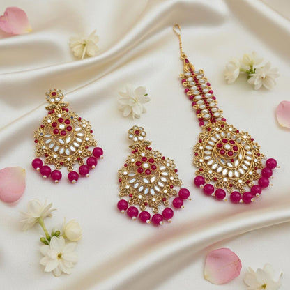 Rani Color Kundan Earrings Tikka Set Crafted For Royal Bridal Kundan Earrings