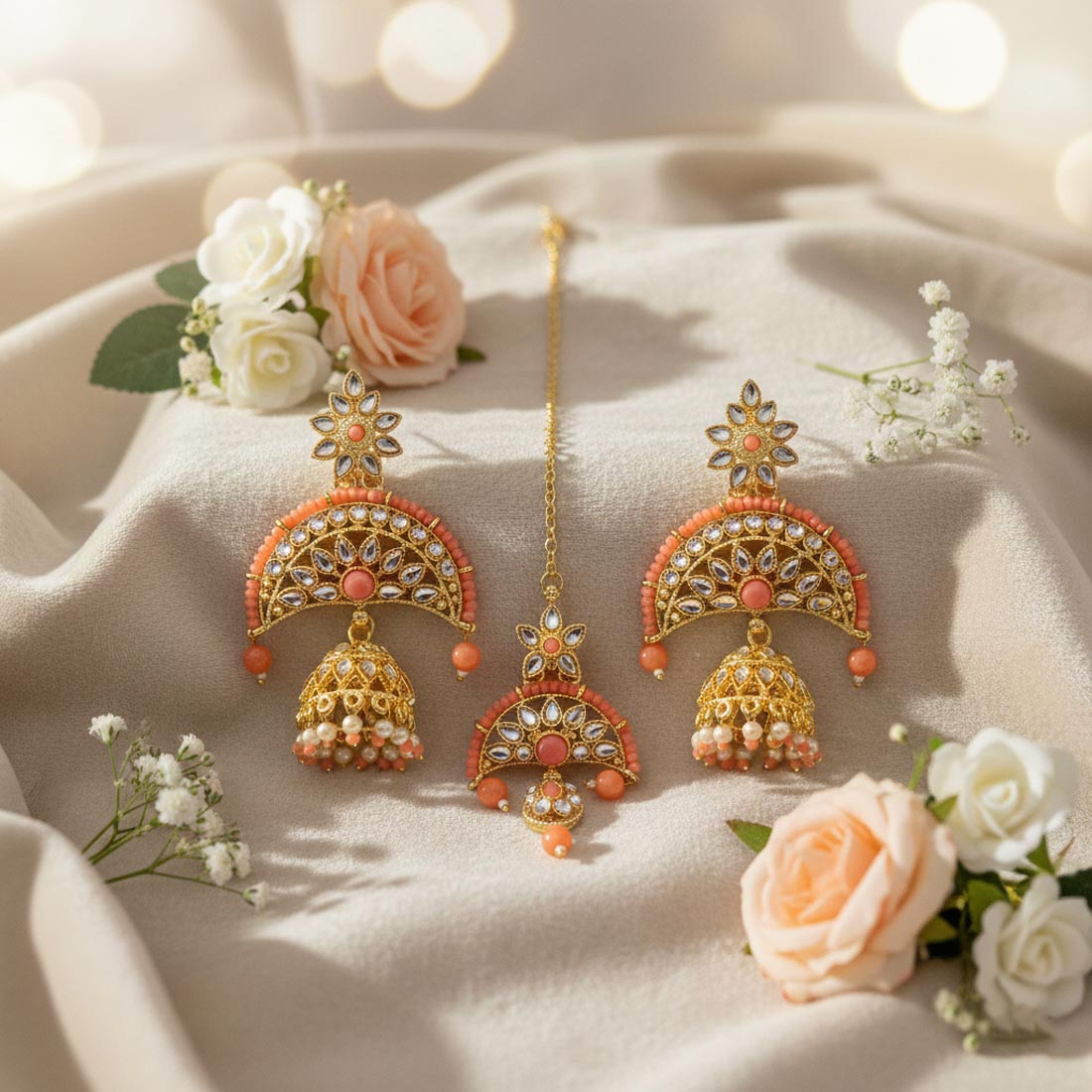 Dark Peach Color Kundan Earrings Tikka Set With Rich Festive Kundan Earrings