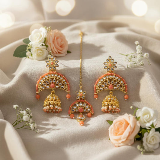 Dark Peach Color Kundan Earrings Tikka Set With Rich Festive Kundan Earrings
