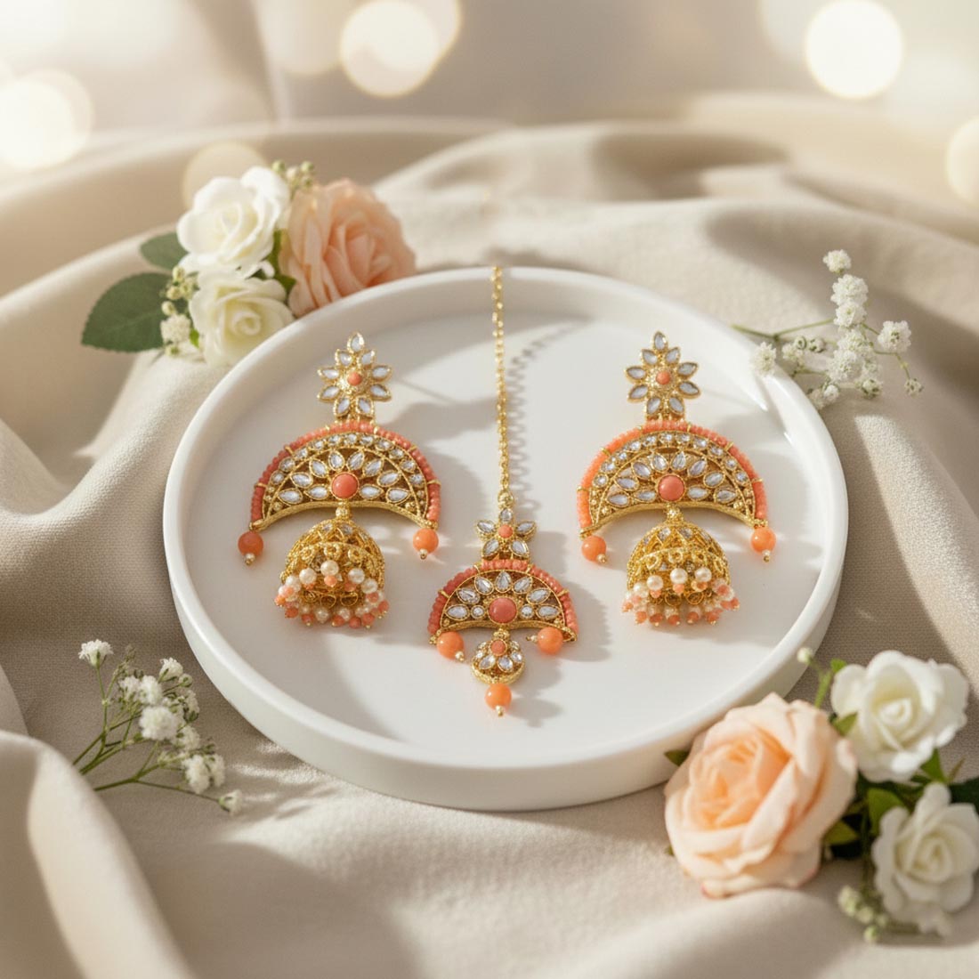 Dark Peach Color Kundan Earrings Tikka Set With Rich Festive Kundan Earrings