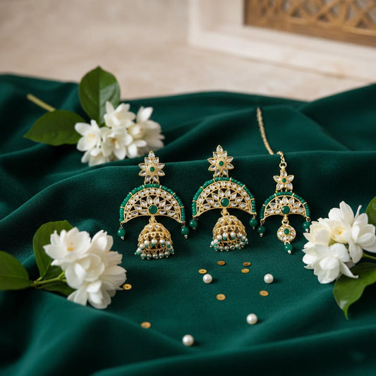 Green Color Kundan Earrings Tikka Set With Elegant Indian Kundan Earrings
