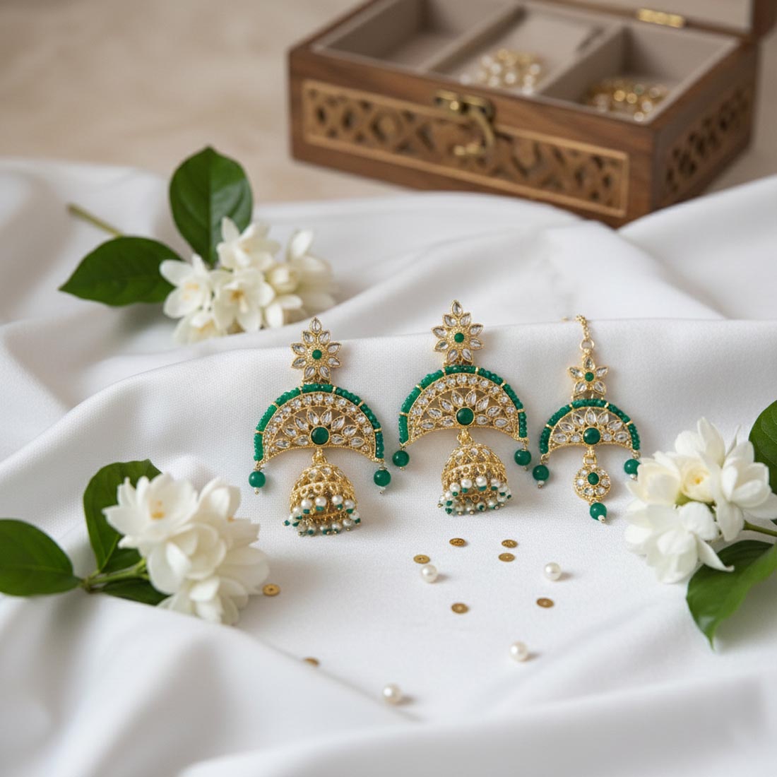 Green Color Kundan Earrings Tikka Set With Elegant Indian Kundan Earrings