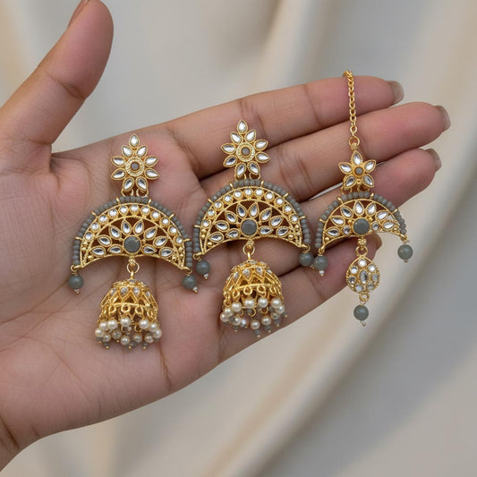 Grey Color Kundan Earrings Tikka Set With Modern Ethnic Kundan Earrings