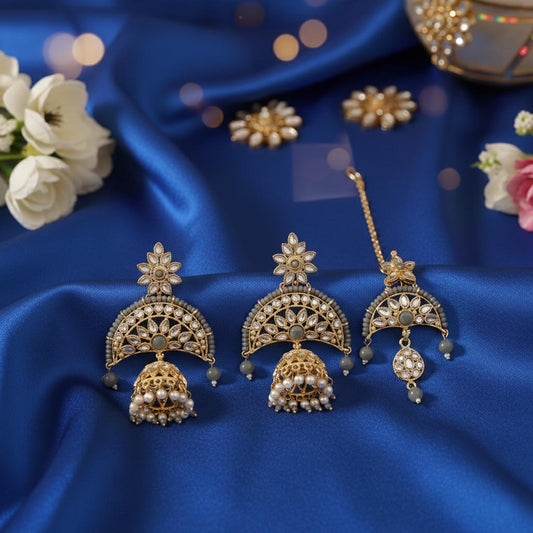 Grey Color Kundan Earrings Tikka Set With Modern Ethnic Kundan Earrings