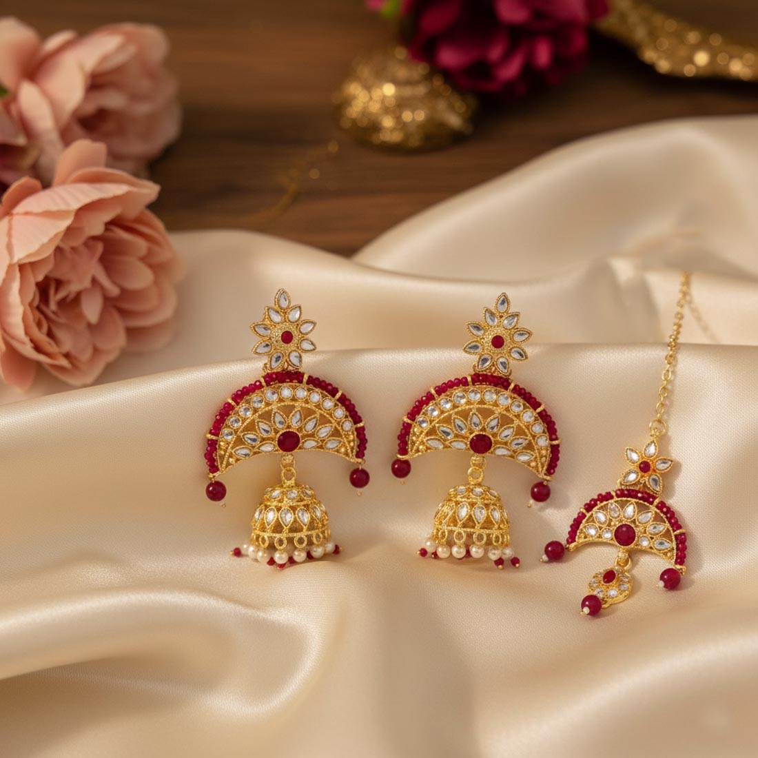 Magenta Color Kundan Earrings Tikka Set Featuring Bold Royal Kundan Earrings