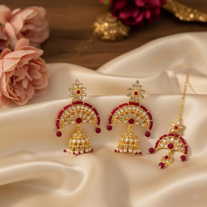 Magenta Color Kundan Earrings Tikka Set Featuring Bold Royal Kundan Earrings