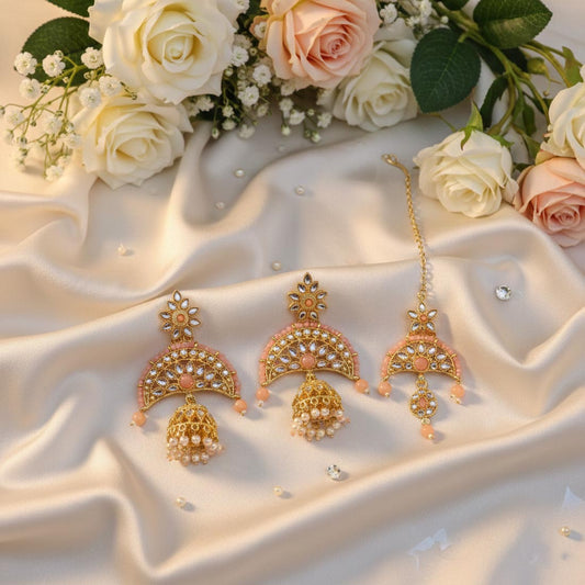 Peach Color Kundan Earrings Tikka Set Designed For Festive Kundan Earrings Wear