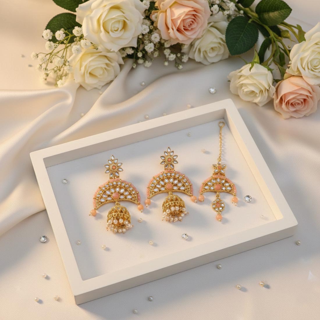 Peach Color Kundan Earrings Tikka Set Designed For Festive Kundan Earrings Wear