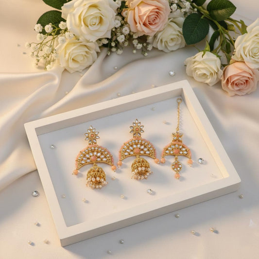 Peach Color Kundan Earrings Tikka Set Designed For Festive Kundan Earrings Wear