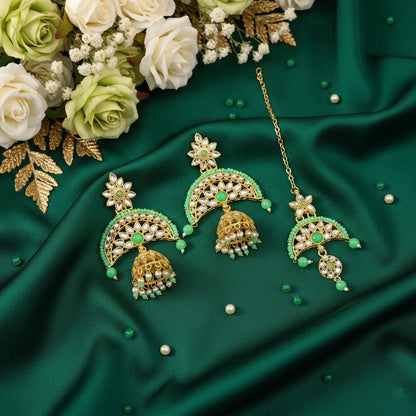 Parrot Green Color Kundan Earrings Tikka Set With Bright Kundan Earrings Appeal