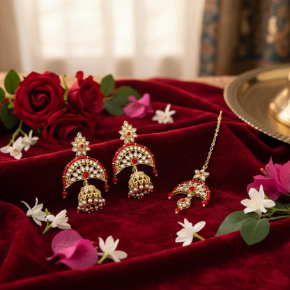 Red Color Kundan Earrings Tikka Set Crafted For Traditional Festive Kundan Earrings