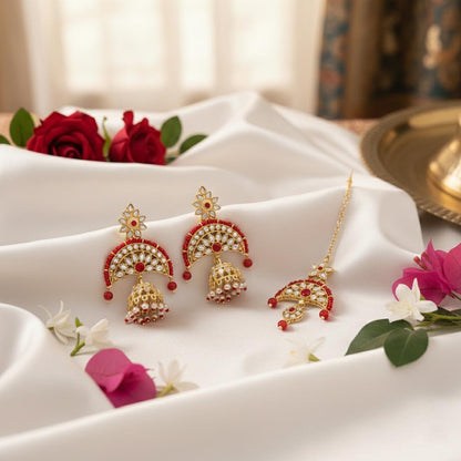 Red Color Kundan Earrings Tikka Set Crafted For Traditional Festive Kundan Earrings