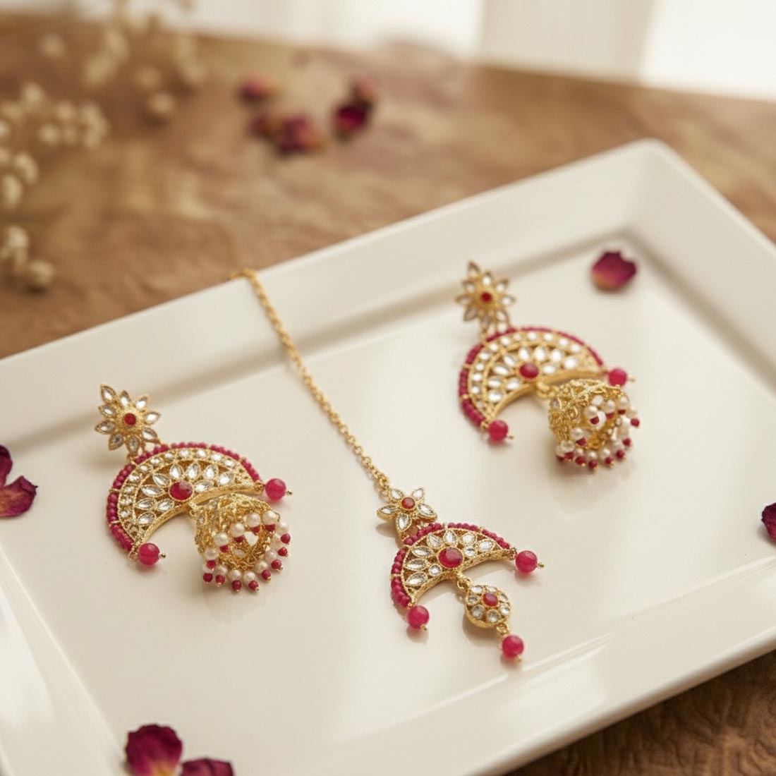 Rani Color Kundan Earrings Tikka Set With Classic Wedding Kundan Earrings