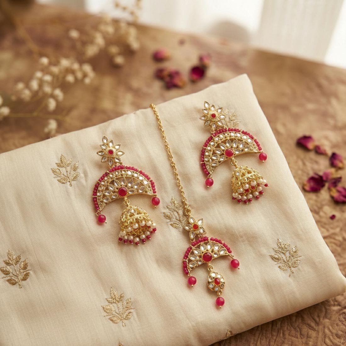 Rani Color Kundan Earrings Tikka Set With Classic Wedding Kundan Earrings