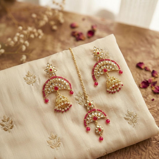 Rani Color Kundan Earrings Tikka Set With Classic Wedding Kundan Earrings