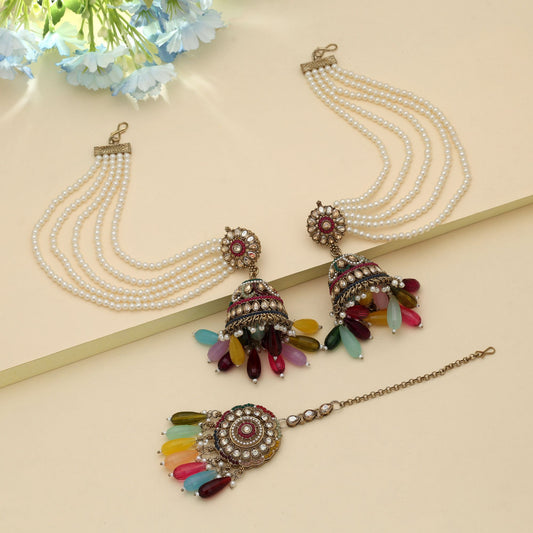 Multi Color Big Size Jhumka Kundan Earrings Tikka Set Traditional Bridal Jewelry Design