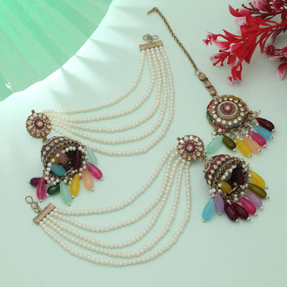 Mehrfarbiger Jhumka Kundan Ohrringe Tikka Set Traditioneller Brautschmuck