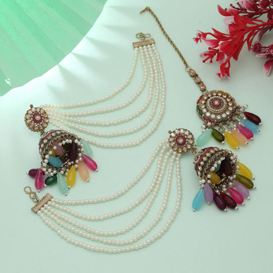 Multi Color Big Size Jhumka Kundan Earrings Tikka Set Traditional Bridal Jewelry Design