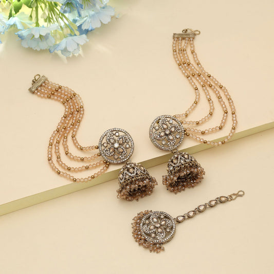 Gold Color Big Size Jhumka Kundan Earrings Tikka Set Classic Ethnic Bridal Jewelry