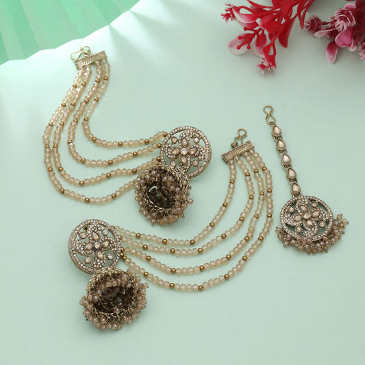 Gold Color Big Size Jhumka Kundan Earrings Tikka Set Classic Ethnic Bridal Jewelry