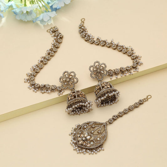 Gold Color Big Size Jhumka Kundan Earrings Tikka Set Elegant Traditional Party Wear Jewelry