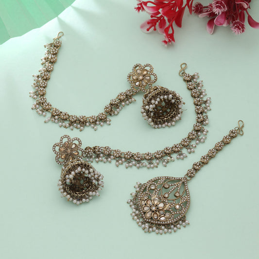Gold Color Big Size Jhumka Kundan Earrings Tikka Set Elegant Traditional Party Wear Jewelry