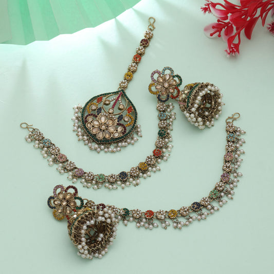 Multi Color Big Size Jhumka Kundan Earrings Tikka Set Vibrant Ethnic Festive Jewelry