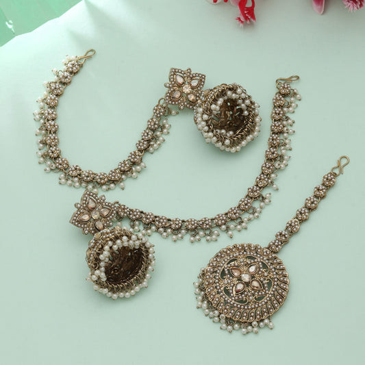 Gold Color Big Size Jhumka Kundan Earrings Tikka Set Premium Bridal Statement Jewelry