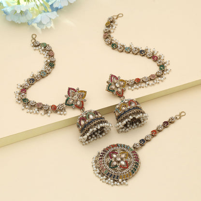 Multi Color Big Size Jhumka Kundan Earrings Tikka Set Designer Ethnic Wedding Jewelry