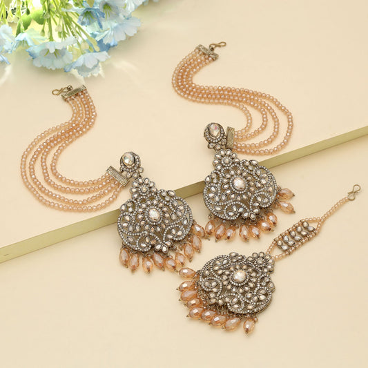 Gold Color Kundan Earrings Tikka Set Classic Bridal Jewelry With Elegant Finish