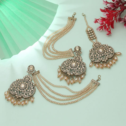 Gold Color Kundan Earrings Tikka Set Classic Bridal Jewelry With Elegant Finish