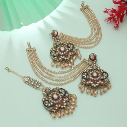 Mehrfarbiges Kundan Ohrringe Tikka Set Traditioneller festlicher Schmuck mit lebendigem Stil