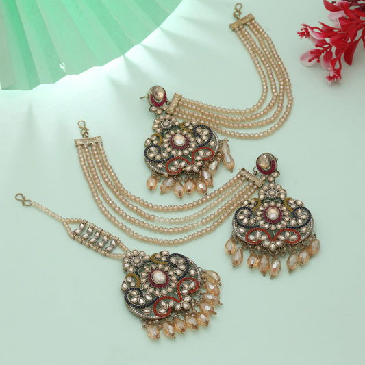 Multi Color Kundan Earrings Tikka Set Traditional Festive Jewelry With Vibrant Style