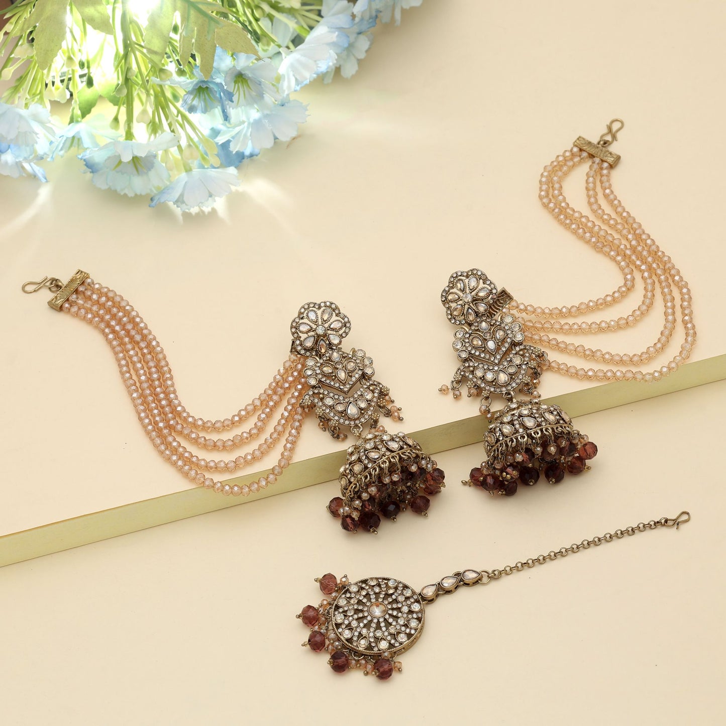 Brown Color Big Size Jhumka Kundan Earrings Tikka Set Unique Ethnic Jewelry Design