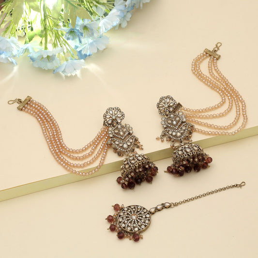 Brown Color Big Size Jhumka Kundan Earrings Tikka Set Unique Ethnic Jewelry Design
