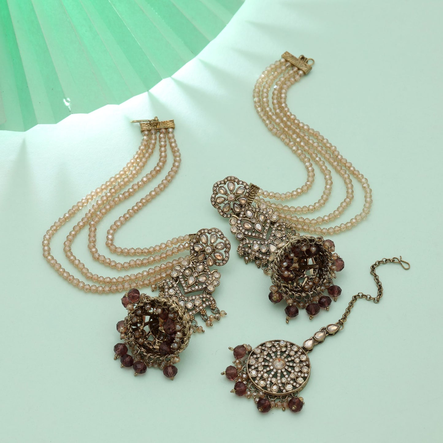 Brown Color Big Size Jhumka Kundan Earrings Tikka Set Unique Ethnic Jewelry Design