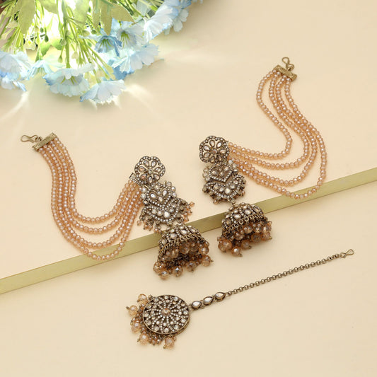 Gold Color Big Size Jhumka Kundan Earrings Tikka Set Premium Festive Bridal Jewelry
