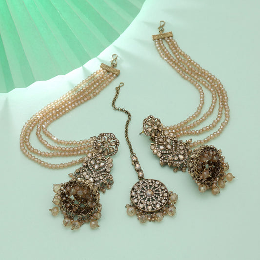 Gold Color Big Size Jhumka Kundan Earrings Tikka Set Premium Festive Bridal Jewelry