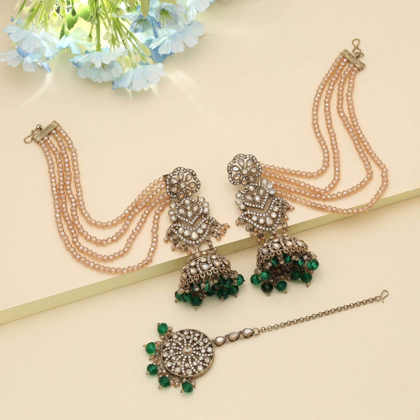 Green Color Big Size Jhumka Kundan Earrings Tikka Set Elegant Traditional Jewelry