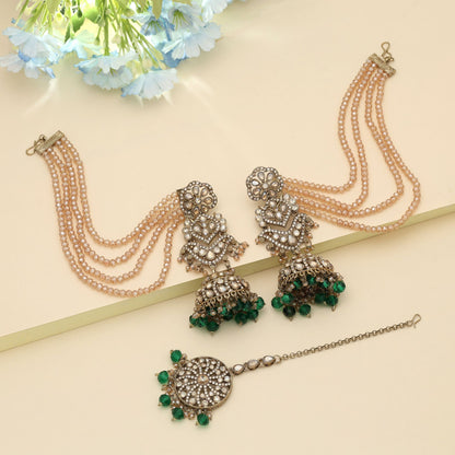 Green Color Big Size Jhumka Kundan Earrings Tikka Set Elegant Traditional Jewelry