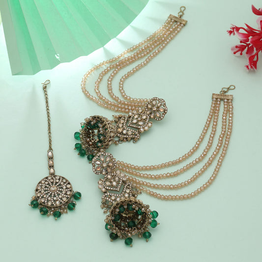 Green Color Big Size Jhumka Kundan Earrings Tikka Set Elegant Traditional Jewelry