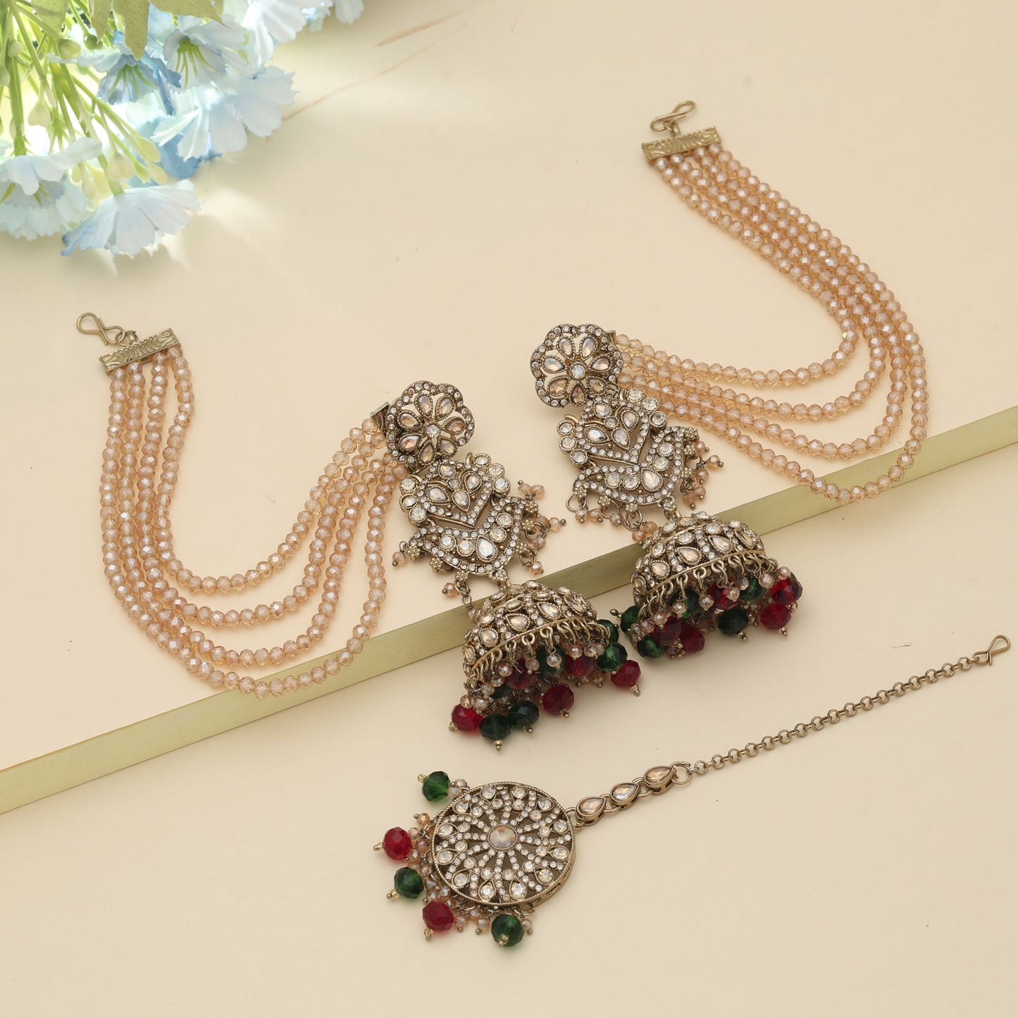 Maroon & Green Color Big Size Jhumka Kundan Earrings Tikka Set Dual Tone Jewelry